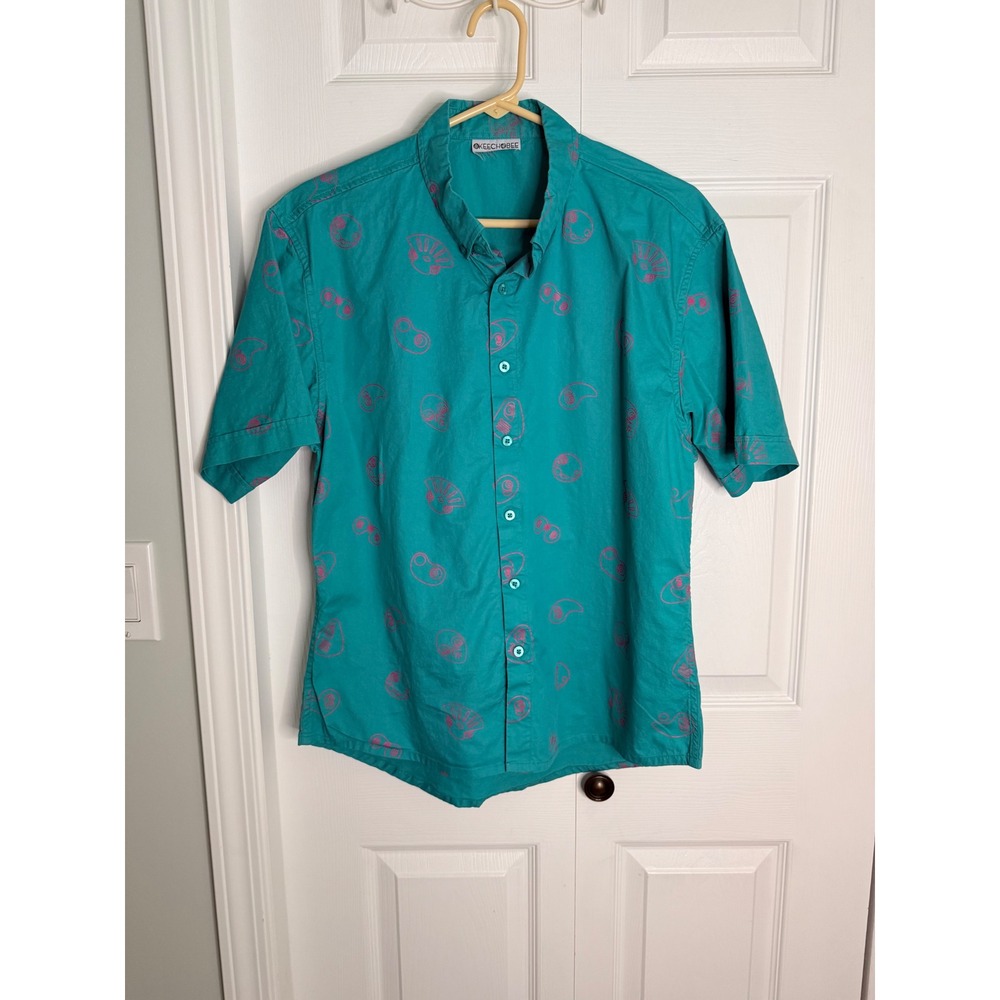 Okeechobee Mens Teal Green Pink Abstract Tribal Short Sleeve Cotton Shirt Med